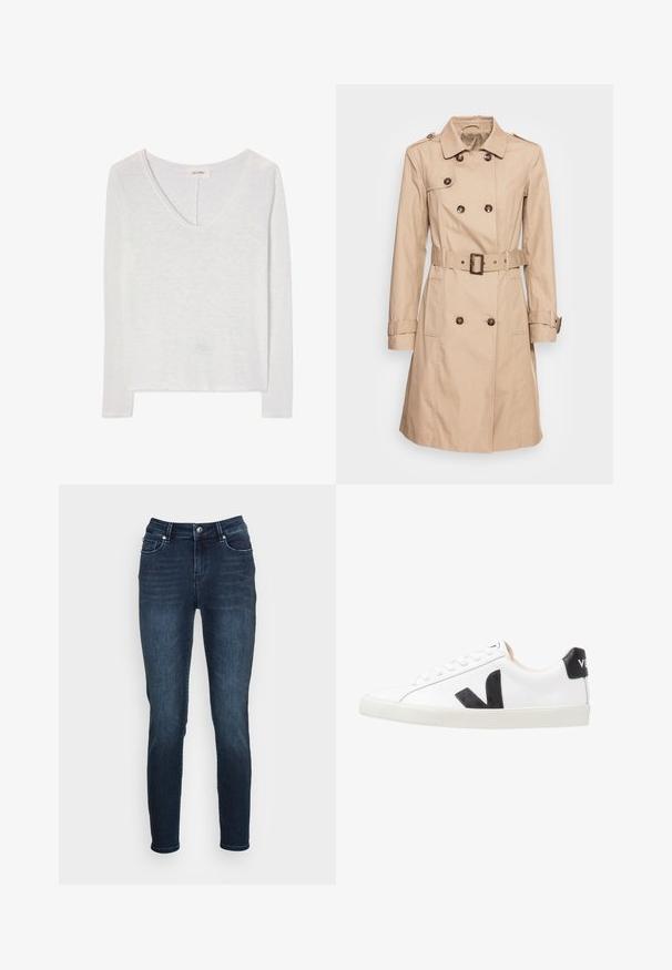 Soyaconcept SC-LORA 5 - Trenchcoat - camel; Weißes langärmeliges Damenoberteil mit rundem Ausschnitt und leicht strukturierter Stoffoberfläche, flach auf weißem Hintergrund liegend.; Dunkelblaue Denim-Jeans mit Slim Fit, hoher Taille, klassischem Fünf-Taschen-Design und einem Reißverschluss mit Metallknopfverschluss.; Weißer Sneaker mit einem schwarzen V-Logo, ausgestattet mit einem glatten Lederoberteil, runder Zehenpartie, Schnürverschluss und kontrastierendem schwarzen Fersenbereich.