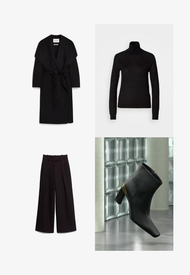 Zwarte wikkeljas van zachte stof, met een sjawlzoom, korte mouwen en een bijpassende riem in de taille. Schoon, minimalist design.; Zwarte coltrui gemaakt van een lichte gebreide stof. Beschikt over lange mouwen en een aansluitende snit met raglan naden.; Zwarte broek met wijde pijpen, hoge taille, riemlussen, zijzakken en plooien aan de voorkant, plat gelegd op een witte achtergrond.; Zwarte leren enkellaars met blokhak en gouden accent, tentoongesteld tegen een moderne glazen blokmuur en betonnen vloer.
