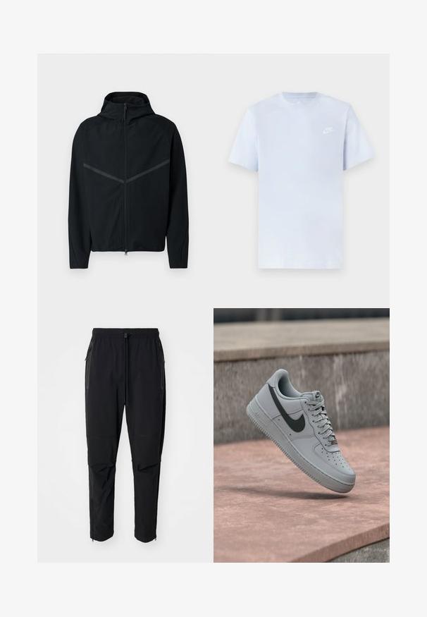 Schwarze Sportjacke mit hohem Kragen, Frontreißverschluss und reflektierenden grauen Streifen auf den Schultern. Hergestellt aus glattem, leichtem Material.; Hellblaue Baumwoll-T-Shirt mit kurzen Ärmeln, Rundhalsausschnitt und einem weißen Nike-Logo, das auf der linken Brust gedruckt ist. Glatte Textur, schlichtes Design.; Schwarze, leichte outdoor Hosen mit elastischem Bund und verstellbarem Zugschnur. Ausgestattet mit Reißverschlusstaschen und tapered Bündchen.; Grauer Nike Air Force 1 Sneaker mit schwarzem Swoosh-Logo, weißer Sohle und Schnürsenkeln, schwebend in der Luft über einer Betonfläche.