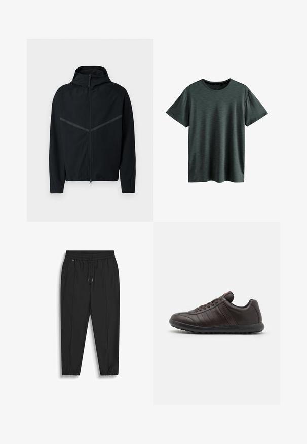 Zwart sportjack met hoge kraag, ritssluiting aan de voorkant en reflecterende grijze strepen op de schouders. Gemaakt van glad, lichtgewicht materiaal.; Donkergrijze T-shirt gemaakt van zachte, gestructureerde stof. Beschikt over een klassieke ronde hals en korte mouwen met een subtiel patroon. Geen zichtbare logo's.; Zwarte broek met elastische tailleband en trekkoord, zijzakken, taps toelopende pijpen en elastische boorden op een witte achtergrond.; Bruin leren sneakers met een ronde neus, vetersluiting, subtiele stikdetails en een gestructureerde rubberen zool voor grip.