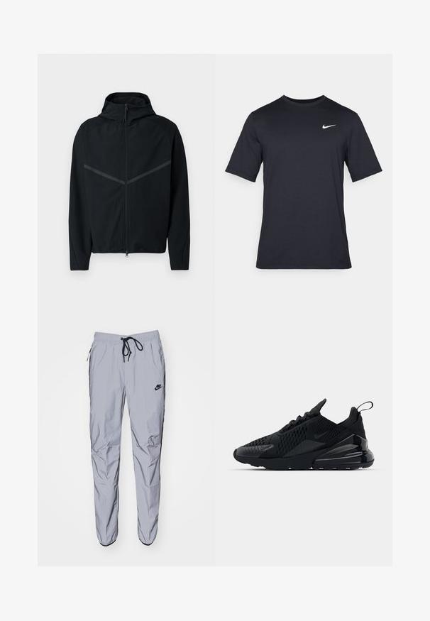 Sort atletisk jakke med høj krave, lynlås foran og reflekterende grå striber på skuldrene. Fremstillet af glat, let materiale.; Sort kortærmet Nike t-shirt lavet af glat stof, med et hvidt swoosh-logo på øverste venstre side, rund halsudskæring.; Lys grå sweatpants lavet af glat, let stof med sorte accenter. Har en elastisk talje med snoretræk og sidelommer.; Sorte Nike Air Max 270 sneakers med en struktureret overdel, mesh-paneler og en blank hæl med en fremtrædende luftdæmpningsenhed.