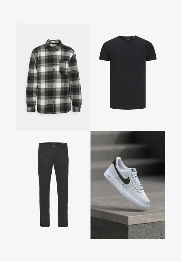 Schwarz-weiß-graues Karomuster-Hemd mit Knopf-Design, langen Ärmeln, Brusttasche und ge quilteter Textur. Verfügt über einen abgerundeten Kragen.; Schwarzes Baumwoll-T-Shirt mit Rundhalsausschnitt, kurzen Ärmeln und schlichtem Design. Glatte Textur, keine Muster oder sichtbare Beschläge.; Schwarze Baumwollmischungshosen mit schmaler Passform, ausgestattet mit fünf Taschen, einem Knopf und einem Reißverschluss vorne sowie dezenten Nähten.; Weißer Nike Air Force 1 Sneaker mit schwarzem Swoosh-Logo, der über einer Betonvorsprung mit unscharfen Treppen im Hintergrund schwebt.