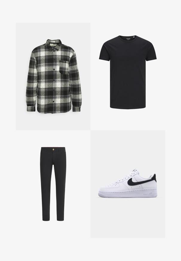 Sort, hvid og grå skotskternet skjorte med knappelukning, lange ærmer, brystlomme og kviltet tekstur. Har rund krave.; Sort bomulds T-shirt med rund hals, korte ærmer og et enkelt design. Glat tekstur, ingen mønstre eller synligt tilbehør.; Sorte slimfit bukser med bæltestropper, forlommer og knaplukning i taljen.; Hvide lædersneakers med en struktureret sort Swoosh, flade snørebånd og en gummisål med et rillemønster. "AIR" er præget på hælen.