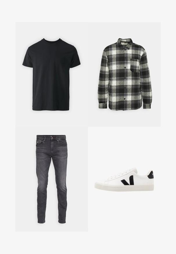 Chemise en plaid noir, blanc et gris avec un design à boutons, manches longues, poche poitrine et texture matelassée. Dispose d'un col arrondi.; T-shirt noir en coton à manches courtes avec un col rond et une coupe décontractée. Texture lisse et ourlet droit, sans graphismes ni motifs visibles.; Jeans pour hommes coupe slim gris foncé avec cinq poches et une fermeture à bouton, présentant un léger effet usé et des détails de décoloration subtils.; Sneaker blanche en cuir avec des accents en daim noir ; dispose d'une semelle en caoutchouc, d'un bout rond et d'un design classique à lacets. Logo latéral en noir.
