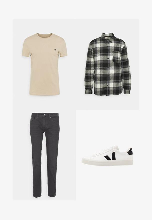 Zwart, wit en grijs geruite overhemd met een knoopsluiting, lange mouwen, borstzak en gewatteerde textuur. Voorzien van een ronde kraag.; Beige T-shirt met korte mouwen, gemaakt van zachte stof, met een ronde halslijn en een klein zwart vogellogo op de linkerkant van de borst.; Zwarte denim jeans met een rechte snit, vijf zakken en een klein merklabel op de tailleband. Gladde textuur en minimale stiksels.; Witte leren sneaker met zwarte suède accenten; voorzien van een rubberen zool, ronde neus en een klassieke vetersluiting. Zijkant met logo in het zwart.