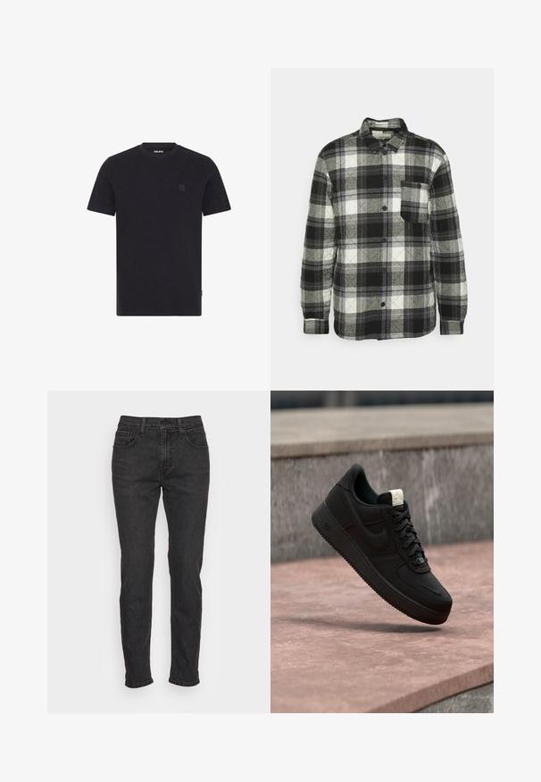 Chemise en plaid noir, blanc et gris avec un design à boutons, manches longues, poche poitrine et texture matelassée. Dispose d'un col arrondi.; T-shirt à manches courtes marin en tissu texturé. Il possède un col rond et un logo discret sur la poitrine. Fini avec un bas droit.; Jean en denim noir avec une coupe ajustée, comportant cinq poches, des passants de ceinture et des détails de couture subtils. Texture usée sur le tissu.; Baskets Nike Air Force 1 noires flottant au-dessus d’un rebord en béton rose avec un fond en pierre grise, montrant des détails latéraux et supérieurs.