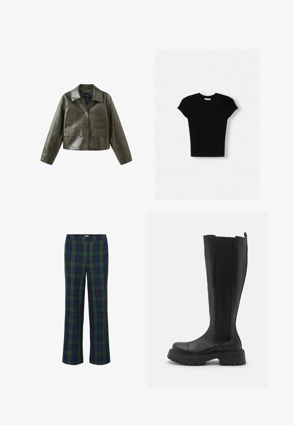 Veste en similicuir vert embossé crocodile avec col, fermeture à boutons sur le devant, deux poches avant et manches longues.; T-shirt noir à manches courtes en coton. Design ajusté, col rond et texture lisse. Aucun motif ni élément supplémentaire visible.; Pantalons à carreaux verts et bleu marine avec une coupe droite et une taille élastique. Le tissu a une texture douce, avec un motif à carreaux classique.; Botte noire montante en cuir lisse avec des panneaux latéraux élastiques, une semelle à crampons épaisse et un design à bout arrondi.