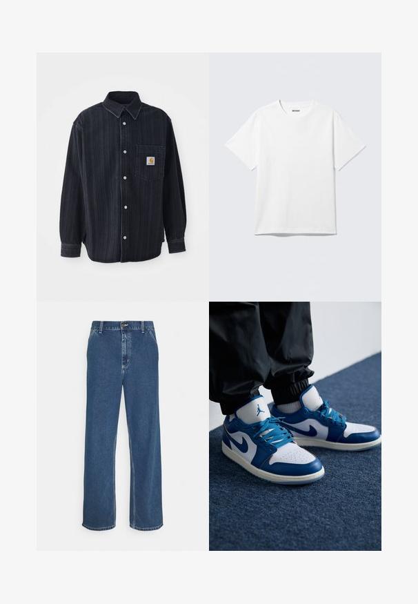Sort denimskjorte med lodrette striber, knap-lukning foran og en brystlomme med et logo-patch. Lange ærmer med knapmanchetter.; Hvid kortærmet crewneck T-shirt lagt fladt ud, ensfarvet design, med "WEEKDAY" mærkat inde i kraven på en lys baggrund.; Blå denimjeans med lige pasform, fem-lomme design, metalknaplukning og synlig syning langs søm og kant.; Nike Air Jordan sneakers har en hvid læderbase med blå syntetiske detaljer, en perforeret tåboks og blå snørebånd.