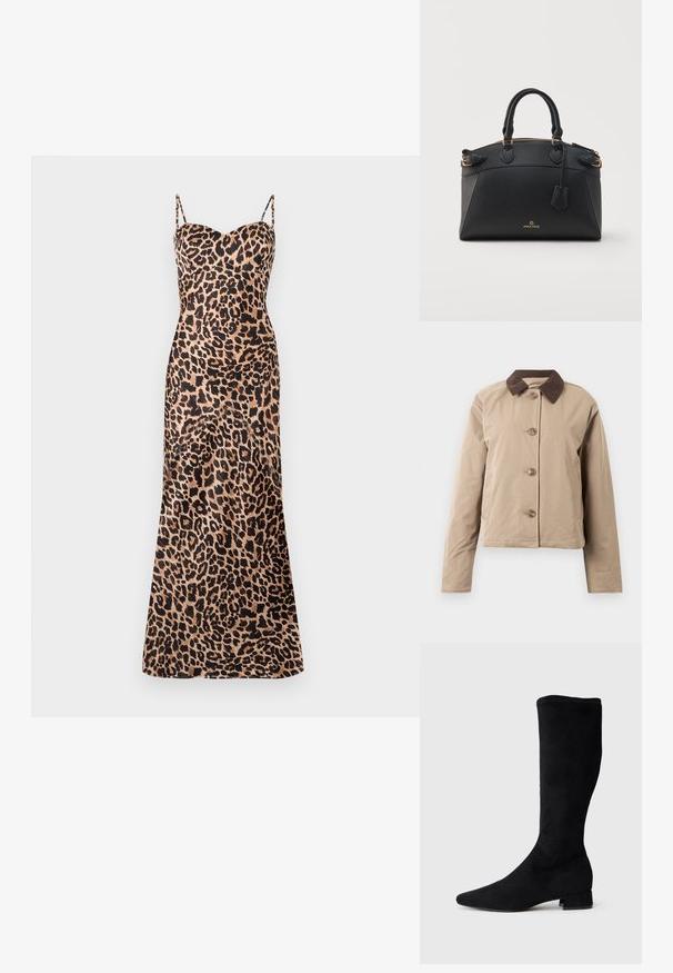 Chaqueta beige con un cuello de pana marrón, cierre frontal de cinco botones, dos bolsillos laterales y mangas largas. Textura de tela suave.; Vestido maxi de estampado de leopardo con finas tirantes ajustables, escote corazón y una textura suave, similar a la seda.; Bota negra hasta la rodilla hecha de ante, con punta afilada y pequeño tacón cuadrado, que presenta una textura suave y una silueta ajustada.; Bolso de mano de piel negra con dos asas, detalles con hebilla lateral, cremallera superior y pequeño logotipo dorado "Anna Field" en el panel delantero.