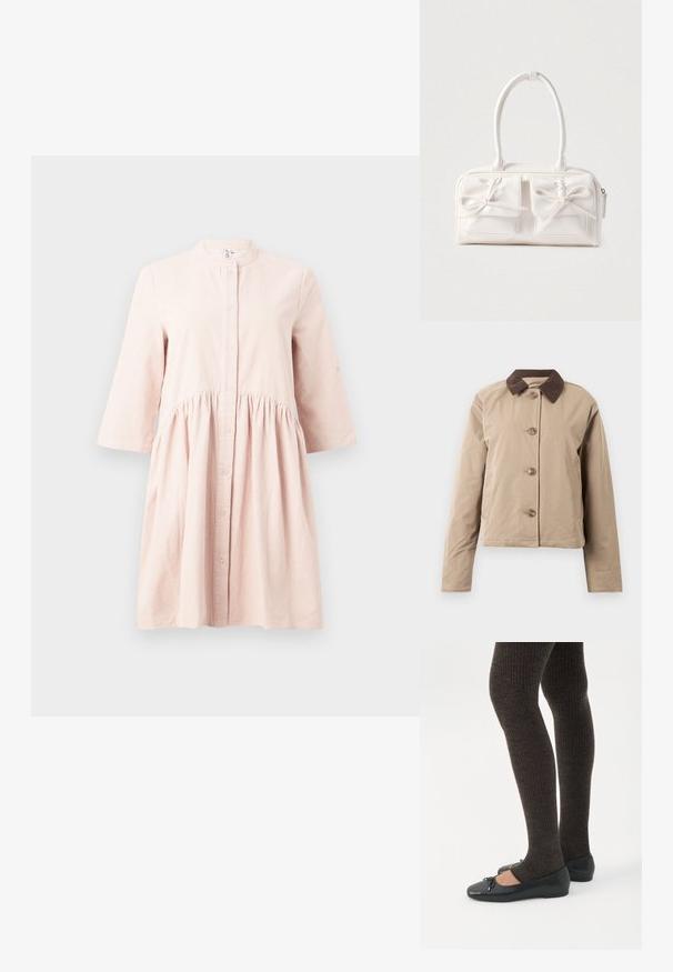 Beige jakke med en brun kordfløjelkrave, fem knaplukninger foran, to sidelommer og lange ærmer. Glat stofstruktur.; Lys pink, langærmet kordfløjlskjole med mandarinkrave, knaplukning foran og samlet talje-detail.; Ben iført mørke ribbede leggings kombineret med sorte balletsko med små sløjfedetaljer på hvid baggrund.; Hvid syntetisk håndtaske med to forlommer, hver med en bundet sløjfedetalje. Glat tekstur, afrundede håndtag og lynlås lukning.