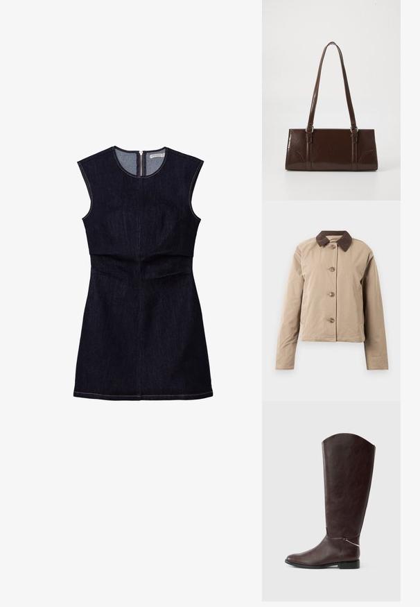 Beige jakke med en brun kordfløjelkrave, fem knaplukninger foran, to sidelommer og lange ærmer. Glat stofstruktur.; Mørk denim ærmeløs kjole med en tætsiddende overdel og en flagrende nederdel. Har en lynlås i ryggen og enkle stikninger.; Mørkebrun knæhøj læderstøvle med flad hæl og en lille sølvfarvet dekorationsvedhæng nær anklen på hvid baggrund.; Brun lakeret håndtaske med rektangulær form, to lange håndtag og subtile buede detaljer på fronten.