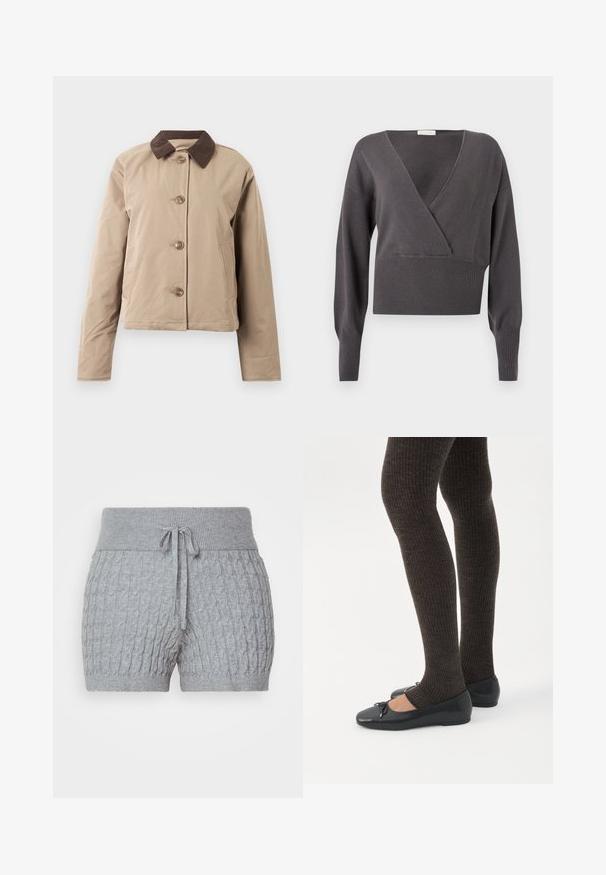 Beige takki, jossa on ruskea farkkukruski, viisi nappisuljenta edessä, kaksi sivutaskua ja pitkät hihat. Sujuva kankaan tekstuuri.; Harmaa lyhyt neulepusero, jossa on V-kaula-aukko, pitkät hihat, resorireunus helmassa ja hihoissa sekä pehmeä neulospinta. Klassinen malli, jossa on vähän yksityiskohtia.; Harmaat neulehousut, joissa on teksturoitu muotoilu, varustettu ribbausvyöllä ja säädettävällä narulla. Lyhyt malli, pehmeä kangas.; Jalat, joissa tummat ribbineuleiset leggingsit yhdistettynä mustiin balettitossuihin, joissa on pienet rusettikoristeet valkoisella taustalla.