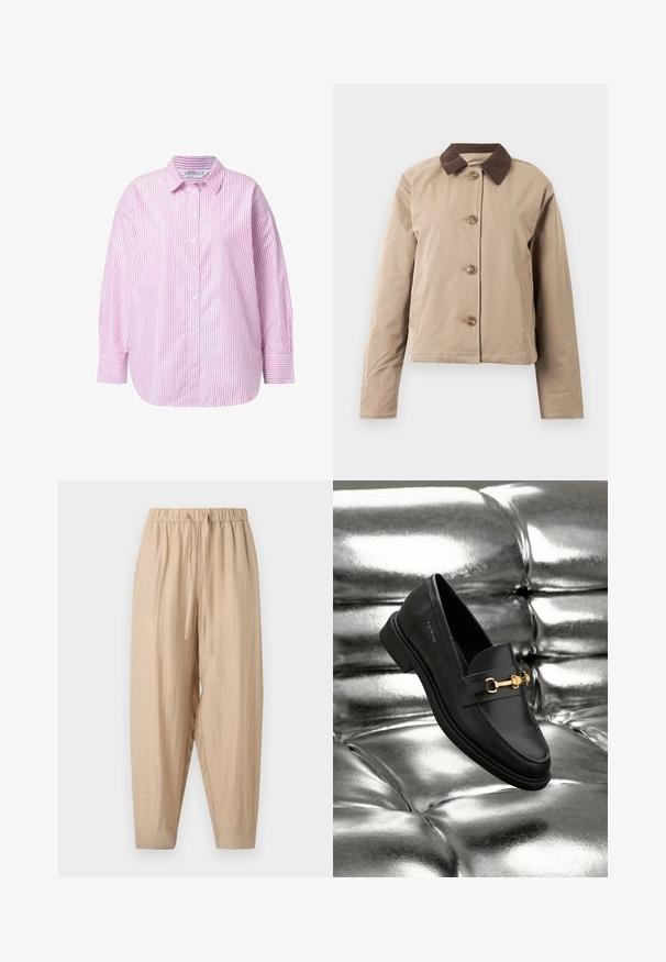 Veste beige avec un col en velours côtelé marron, fermeture à cinq boutons à l'avant, deux poches latérales et manches longues. Texture de tissu lisse.; Chemise à manches longues boutonnee, rayée verticalement rose et blanche, avec col et poignets boutonnés, présentée sur un fond blanc.; Pantalon beige coupe large avec taille élastique et cordon, fabriqué en tissu léger texturé, avec des jambes fuselées.; Mocassin en cuir noir avec un détail en métal doré. La chaussure présente un design épuré et une texture lisse et brillante.
