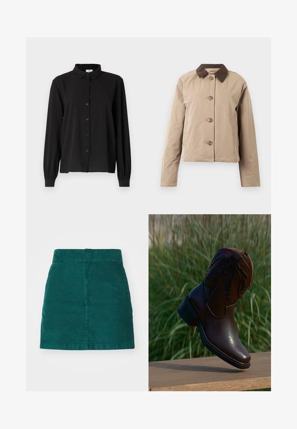Veste beige avec un col en velours côtelé marron, fermeture à cinq boutons à l'avant, deux poches latérales et manches longues. Texture de tissu lisse.; Chemise noire à manches longues en tissu doux avec un col, fermeture à boutons et poignets froncés. Design simple sans motifs ni accents.; Mini-jupe en velours côtelé vert avec une coupe droite, dotée d'une taille haute et d'une texture à côtes verticales, terminée par des bords d'ourlet nets.; Botte de cow-boy en cuir marron foncé avec couture décorative, placée en angle sur une surface en bois avec un fond d'herbe haute.