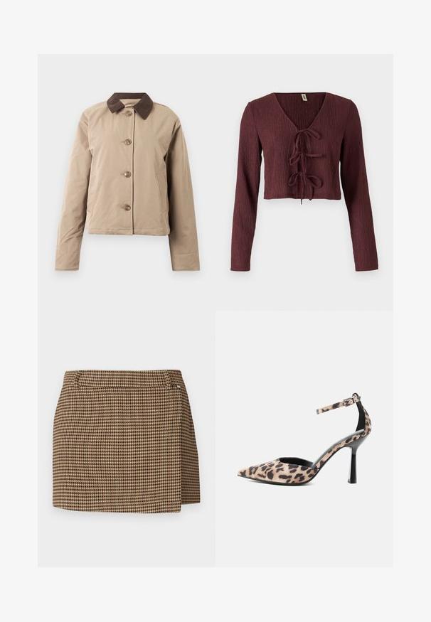 Beige takki, jossa on ruskea farkkukruski, viisi nappisuljenta edessä, kaksi sivutaskua ja pitkät hihat. Sujuva kankaan tekstuuri.; Burgundin, pitkähihaine cropped-paita, jossa on teksturoitu kangas, syvä V-pääntie ja nauhasomiste edessä. Ominaisuuksiin kuuluu slim fit -muotoilu.; Ruskea ja beige houndstooth-kuvioinen minihame, jossa on kevyt kietaisu ja vyölenkit, valkoisella taustalla.; Terävän kärjen korkokengät leopardikuvioinnilla, nilkkahihnalla ja soljella sekä ohuella mustalla korolla valkoisella taustalla.