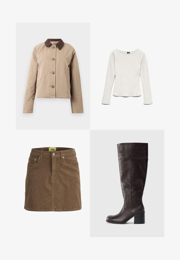 Beige Jacke mit einem braunen Cordkragen, fünf Knöpfen an der Vorderseite, zwei seitlichen Taschen und langen Ärmeln. Glatte Stoffoberfläche.; Weißes, geripptes Langarmshirt mit rundem Ausschnitt, figurbetonter Silhouette und leicht ausgestelltem Saum, dargestellt vor weißem Hintergrund.; Brauner Cord-Minirock mit vorderer Knopfleiste und Reißverschluss, Gürtelschlaufen und vorderen Taschen, mit gelbem JJXX-Label im inneren Taillenbund.; Braune Lederkniehohe Stiefel mit abgerundeter Spitze und gestapeltem Absatz. Merkmale sind eine glatte Oberfläche und seitliche Nähte.