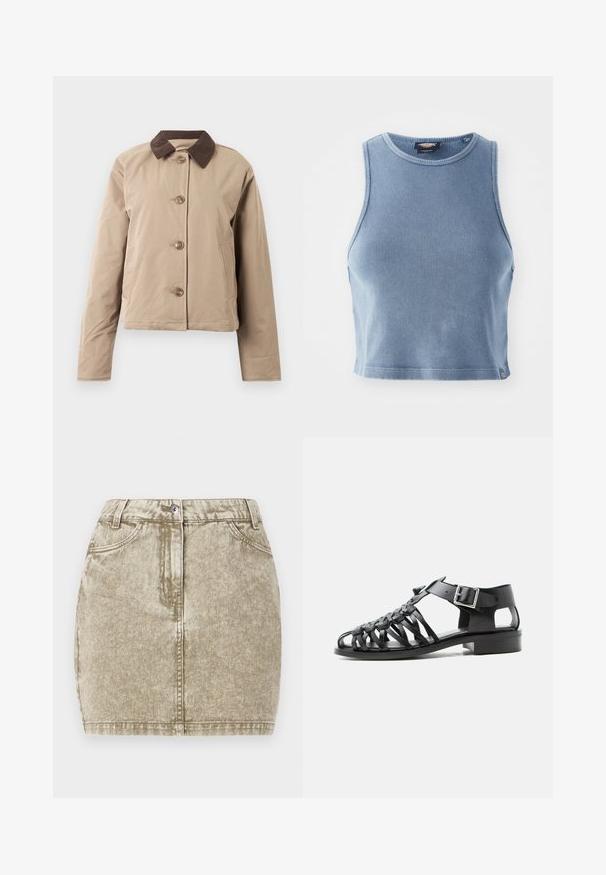 Beige jakke med en brun kordfløjelkrave, fem knaplukninger foran, to sidelommer og lange ærmer. Glat stofstruktur.; Lyseblå ribbet crop top med rund udskæring og ærmeløst design. Glat tekstur og en lille logo detalje ved kanten.; Khaki denimnederdel med en tekstureret overflade, fem lommer, knaplukning foran og sydekoration langs kanterne.; Sort læder mands sandal med flettede remme, åben tå, ankelsnøre og lav blokhæl på en ensfarvet baggrund.
