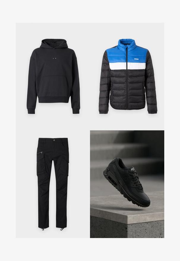 Gefütterte Jacke mit einem Farbblockdesign in Blau, Weiß und Schwarz, hohem Kragen, Frontreißverschluss und seitlichen Taschen mit Reißverschlüssen.; Schwarzer Hoodie aus Baumwollmischung, mit einer Kängurutasche, gerippten Bündchen und einem Logodetail auf der Brust. Klassische, lockere Passform.; Schwarze Cargo-Hosen aus strapazierfähigem Stoff mit mehreren Taschen, Reißverschluss-Akzenten und einem verstellbaren Saum für eine sichere Passform.; Der schwarze Nike Air Max 90 Sneaker besteht aus einer Kombination von Leder- und Mesh-Materialien, hat runde Schnürsenkel und eine sichtbare Air-Einheit in der Sohle.