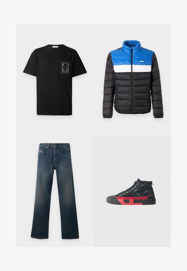 Padded jacket s farebnou blokovou grafikou v modrej, bielej a čiernej farbe, s vysokým golierom, predným zipsom a bočnými vreckami na zips.; Čierne bavlnené tričko s krátkymi rukávmi, ktoré má grafický potlač na ľavej hrudi a malý červený akcent pri výstrihu.; Modré riflové nohavice so strihom s rovnými nohavicami, bledosťou textúry, rozstrapkaným lemom a zničenými detailmi na prednej vrecku a stehne.; Čierne vysoké tenisky s červenými akcentmi a opotrebovaným vzhľadom. Majú textilný plášť s textúrou a gumovú podrážku s výrezovým dizajnom.