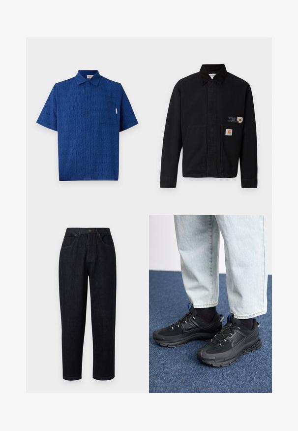 Chaqueta de lienzo negra con cuello y dos bolsillos frontales. Presenta un diseño en forma de corazón y un parche de marca en el bolsillo inferior.; Camisa azul de manga corta hecha de una tela texturizada que presenta un patrón sutil, con botonadura frontal y un solo bolsillo en el pecho.; Pantalones de mezclilla azul oscuro de corte relajado, con cierre de botón y cremallera, dos bolsillos frontales y detalles de costura.; Zapatillas deportivas negras con tejido texturizado y suelas de goma, con cordones elásticos y un acento azul en el talón. Combinadas con pantalones de mezclilla claros.