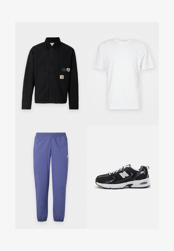 Chaqueta de lienzo negra con cuello y dos bolsillos frontales. Presenta un diseño en forma de corazón y un parche de marca en el bolsillo inferior.; Camiseta de algodón blanca con manga corta, escote redondo y una textura suave. Diseño simple sin patrones ni gráficos.; Pantalones de chándal morados con cintura elástica, piernas estrechas, puños elásticos y un bolsillo lateral que presenta un pequeño detalle de logo.; Zapatillas deportivas en negro y gris con parte superior de malla y ante, que cuentan con una entresuela blanca, cordones y un llamativo logo "N" en el lateral.