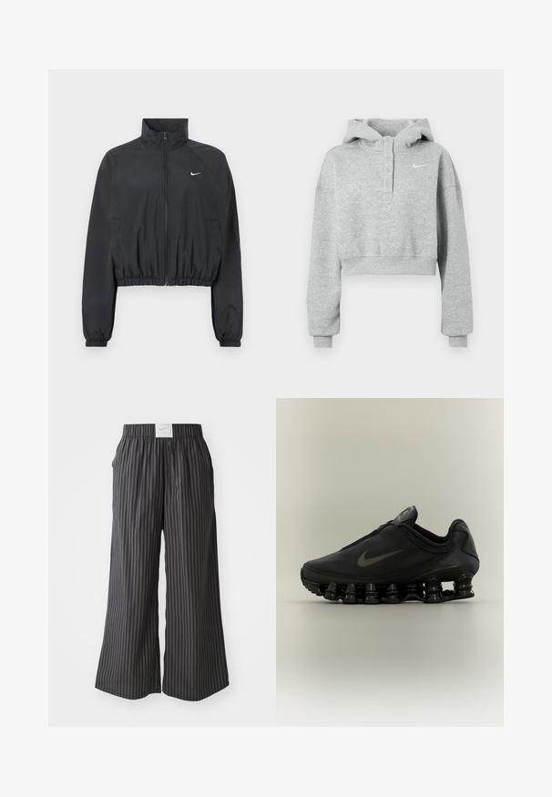 Sort cropped jakke lavet af let, glat stof. Har en høj krave, fuld lynlås og elastiske manchetter med en hvid logodetalje.; Grå cropped hættetrøje lavet af blødt stof, med knaplukket krave, lange ærmer og et lille Nike-logo på brystet.; Sort og grå stribede bukser med bred ben, elastisk talje og et Nike-logo på bagsiden. Letvægtsstof, løs pasform design.; Sort Nike-sneaker med lynlåsfunktion øverst og karakteristisk fjederlignende opdelt sål, vist i sideprofil mod en neutral baggrund.