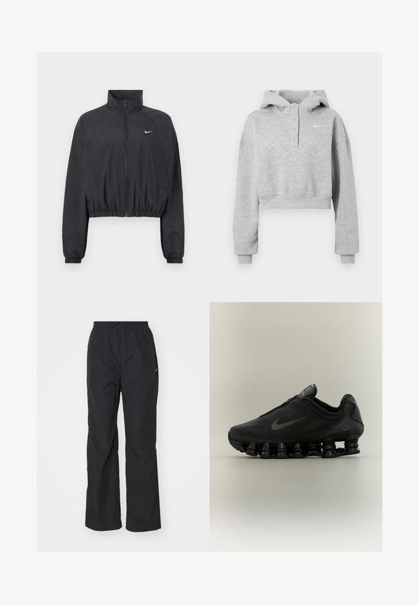 Schwarze, kurz geschnittene Jacke aus leichtem, glattem Stoff. Mit hohem Kragen, durchgehendem Reißverschluss und elastischen Bündchen mit weißem Logodetail.; Grauer kurzer Hoodie aus weichem Stoff, mit geknöpftem Kragen, langen Ärmeln und einem kleinen Nike-Logo auf der Brust.; Schwarze, leichte Hose mit elastischem Bund und Kordelzug. Verfügt über eine strukturierte Oberfläche und ein kleines reflektierendes Logo an der Seite.; Schwarzer Nike-Sneaker mit einem Reißverschluss am Obermaterial und markanter federähnlich segmentierter Sohle, im Seitenprofil vor neutralem Hintergrund dargestellt.