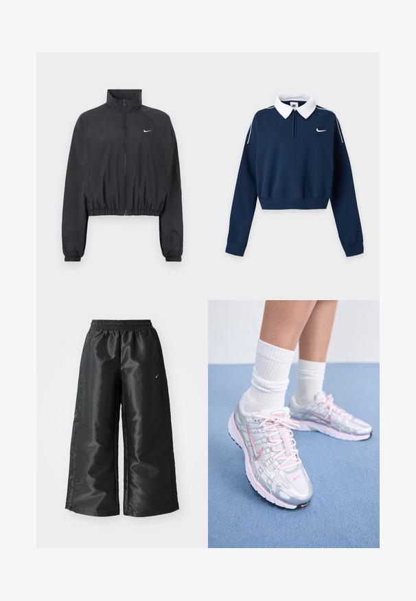 Schwarze, kurz geschnittene Jacke aus leichtem, glattem Stoff. Mit hohem Kragen, durchgehendem Reißverschluss und elastischen Bündchen mit weißem Logodetail.; Dunkelblaues, langärmliges Cropped-Sweatshirt mit weißem Kragen, kleinem weißem Nike-Swoosh-Logo auf der linken Brust und weißer Paspel an den Schultern.; Schwarze Sporthose aus glänzendem, glattem Stoff, mit einem elastischen Bund, weitem Bein und einem kleinen Logo auf der linken Seite.; Nike Laufschuhe mit einem silbernen Mesh-Obermaterial und pinken Akzenten, weißen Schnürsenkeln und einer strukturierten Sohle. Getragen mit weißen Baumwoll-Sportsocken.