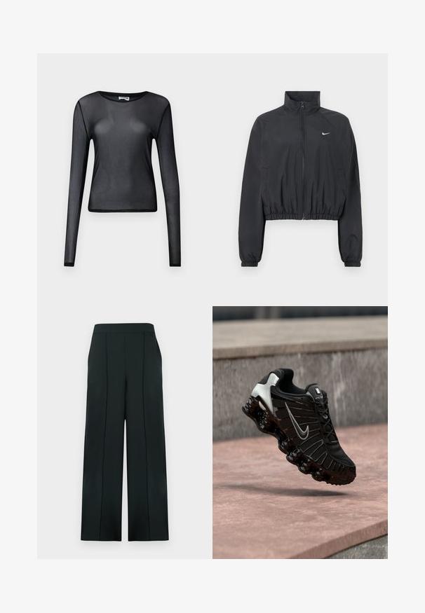 Sort cropped jakke lavet af let, glat stof. Har en høj krave, fuld lynlås og elastiske manchetter med en hvid logodetalje.; Sort, langærmet, gennemsigtig mesh-top med rund hals og tætsiddende silhuet vist på ensfarvet baggrund.; Sorte bukser med brede ben lavet af glat stof, der har en høj talje, lodrette folder og ingen synlige metaldele eller lommer.; Sort atletiksko med tekstureret mesh-overdel, sølvfarvede detaljer og en tyk, blank sort sål med afrundede polstrede elementer.