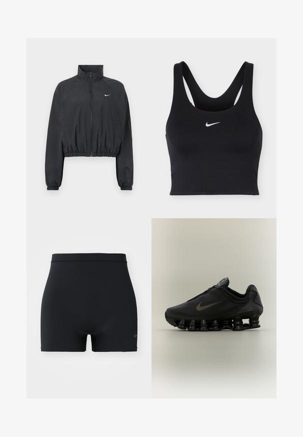 Musta lyhyt takki, valmistettu kevyestä, sileästä kankaasta. Siinä on korkea kaulus, kokopitkä vetoketju ja joustavat hihansuut, joissa on valkoinen logoyksityiskohta.; Musta Nike-urheilurintaliivit leveillä olkaimilla ja valkoinen Nike Swoosh -logo keskellä edessä.; Mustat urheilushortsit, jotka on valmistettu sileästä, joustavasta materiaalista. Niissä on keskipitkä vyötärönauha ja pieni Nike-logo vasemmalla puolella.; Musta Nike-tennari, jossa on vetoketjulla varustettu päällinen ja erottuva joustinmäinen segmentoitunut pohja, esitetty sivuprofiilissa neutraalilla taustalla.