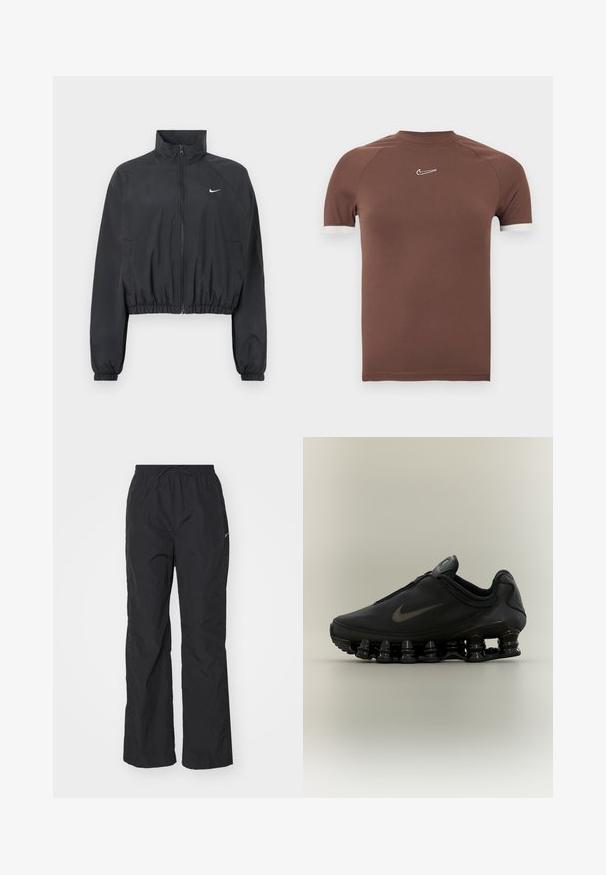 Sort cropped jakke lavet af let, glat stof. Har en høj krave, fuld lynlås og elastiske manchetter med en hvid logodetalje.; Brun kortærmet skjorte lavet af glat stof med høj halsudskæring og hvide detaljer ved ærmekanterne, med en lille logo på brystet.; Sorte, letvægtsbukser med elastisk talje og snøre. Har en tekstureret overflade og et lille reflekterende logo på siden.; Sort Nike-sneaker med lynlåsfunktion øverst og karakteristisk fjederlignende opdelt sål, vist i sideprofil mod en neutral baggrund.
