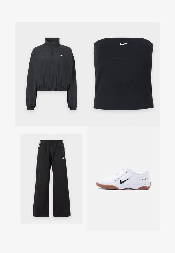 Sort cropped jakke lavet af let, glat stof. Har en høj krave, fuld lynlås og elastiske manchetter med en hvid logodetalje.; Sort Nike strapless tube top med hvid Swoosh-logo centreret nær den øverste kant, ensfarvet baggrund.; Sorte sweatpants lavet af blødt stof, med en elastisk talje og snøre, sidestriber og et lille logo på venstre front.; Hvid Nike Total 90 III indendørs fodboldstøvle med sort swoosh-logo og gummisål, vist fra siden på en ensfarvet baggrund.