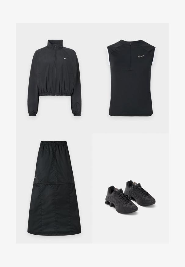Chaqueta corta negra fabricada con una tela ligera y suave. Presenta un cuello alto, cremallera completa y puños elásticos con un detalle de logotipo blanco.; Top deportivo sin mangas negro con cuello alto, con un pequeño logo blanco de Nike en el pecho y detalles blancos contrastantes en las sisas.; Falda deportiva negra hecha de tela de nylon ligera y suave. Presenta una cintura elástica y un diseño simple, largo y en línea A.; Zapatillas deportivas negras con una parte superior sintética lisa, acentos texturizados, diseño de cordones y amortiguación de resorte visible en el talón.