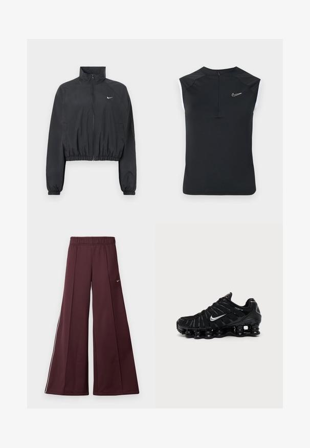 Sort cropped jakke lavet af let, glat stof. Har en høj krave, fuld lynlås og elastiske manchetter med en hvid logodetalje.; Sort ærmeløs træningstop med høj krave, der har et lille hvidt Nike-logo på brystet og kontrasterende hvide detaljer på ærmegabene.; Bordeaux bredde-bukser i et glat stof med elastisk talje og hvide striber på siden. Har et lille Nike-logo på venstre lår.; Sort Nike sportssko med sølv Swoosh-logo, mesh og syntetisk overdel, og en karakteristisk segmenteret polstret sål.