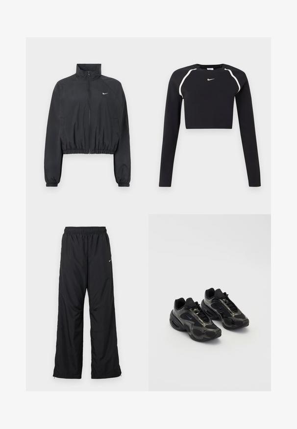 Sort cropped jakke lavet af let, glat stof. Har en høj krave, fuld lynlås og elastiske manchetter med en hvid logodetalje.; Sort langærmet cropped sports top med hvide buede skulderstriber og lille hvid Nike swoosh-logo i midten af brystet.; Sorte atletikbukser med elastisk taljebånd, sidelommer og løs pasform. Fremstillet af let, glat stof med et subtilt skær.; Sorte sportssko lavet af syntetisk materiale med mesh-detaljer og afrundede såler. Har snørresystem og fremtrædende Nike-logo på tungen.