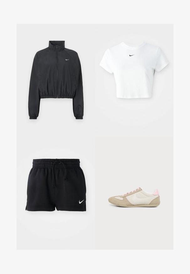 Schwarze, kurz geschnittene Jacke aus leichtem, glattem Stoff. Mit hohem Kragen, durchgehendem Reißverschluss und elastischen Bündchen mit weißem Logodetail.; Weißes, kurz geschnittenes T-Shirt aus Baumwolle mit kurzen Ärmeln und rundem Ausschnitt, versehen mit einem schwarzen Nike-Logo auf der Brust.; Schwarze Sportshorts aus weichem Material, mit einem elastischen Bund und Kordelzug, Seitenschlitzen und einem kleinen weißen Logo am Saum.; Niedrig geschnittener beiger und weißer Sneaker mit pinken Akzenten und Schnürsenkeln, mit großem weißem Swoosh-Logo an der Seite.