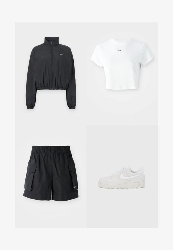 Chaqueta corta negra fabricada con una tela ligera y suave. Presenta un cuello alto, cremallera completa y puños elásticos con un detalle de logotipo blanco.; Camiseta corta blanca de algodón, con mangas cortas y cuello redondo, y un logo negro de Nike en el pecho.; Pantalones cortos cargo negros hechos de tejido ligero, con una cintura elástica, dos bolsillos laterales y un pequeño logo blanco en el dobladillo.; Zapatilla Nike Air Force 1 de ante blanco con acabado texturizado, puntera redonda y acento de logo blanco contrastante, con suela de goma.