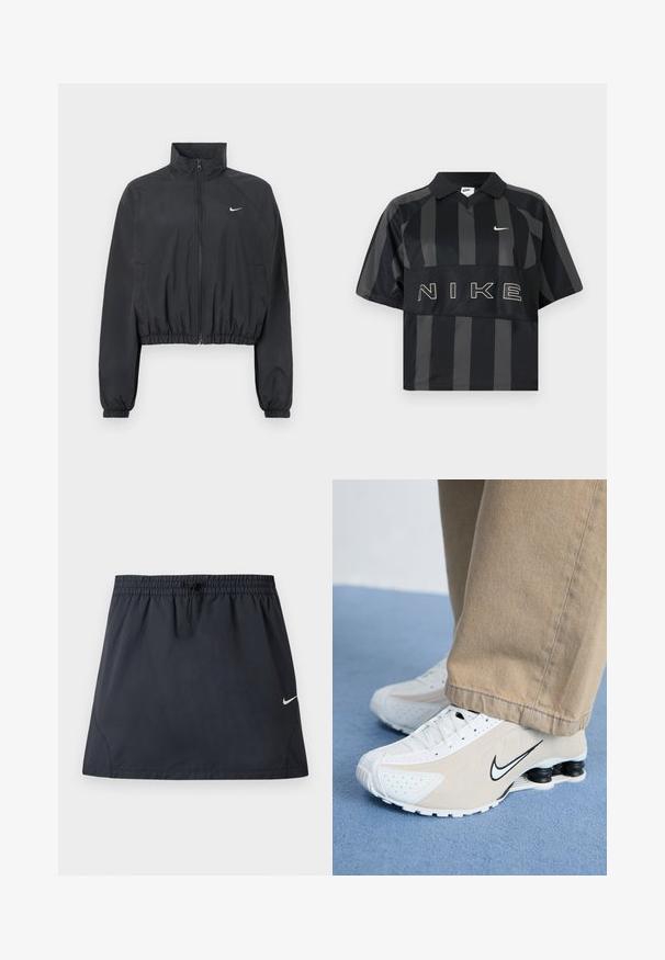 Mustast kerge ja siidisest kangast lühem jakk. Omadused: kõrge krae, täispikk lukk ja elastsed mansetid valge logodetailiga.; Mustast ja tumehallist vertikaalselt triibuline lühikeste varrukatega Nike polo särk kraega, valge Nike logoga ja suure NIKE tekstiga rinnal.; Mustad spordiseelik elastse vöö ja reguleeritava nööriga, mille paremal küljel on väike valge Nike logo.; Valged ja beežid Nike'i tossud, millel on perforatsioonimuster, must swoosh-logo, tekstuurne pealis ja eriline veniv must konts.