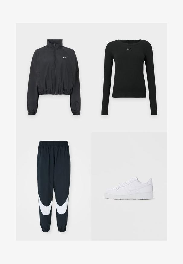 Schwarze, kurz geschnittene Jacke aus leichtem, glattem Stoff. Mit hohem Kragen, durchgehendem Reißverschluss und elastischen Bündchen mit weißem Logodetail.; Schwarzes, eng anliegendes Langarmshirt aus Rippstoff, mit rundem Ausschnitt und einem dezenten weißen Nike-Logo auf der Brust.; Schwarze Jogginghose mit weißen, gewölbten Einsätzen, elastischem Bund und gerafften Säumen, aus leichtem Stoff und mit lockerer Passform.; Weiße Nike Air Force 1 Sneaker mit Obermaterial aus Leder, runder Zehenpartie, schnürbarer Verschluss, gepolsterter Kragen und strukturiertem Gummisohle.