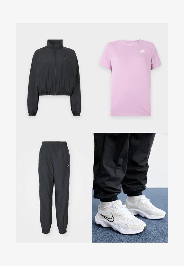 Chaqueta corta negra fabricada con una tela ligera y suave. Presenta un cuello alto, cremallera completa y puños elásticos con un detalle de logotipo blanco.; Camiseta de Nike de manga corta en color lila con el logo de Nike en blanco en la parte superior izquierda del pecho, cuello redondo y fondo de tela lisa.; Pantalones de chándal negros de Nike hechos de un tejido ligero, con una cinturilla y puños elásticos, y un pequeño logo blanco en la pierna izquierda.; Zapatillas deportivas blancas y de un gris claro con un upper texturizado, suela gruesa y logo Swoosh negro. Combinadas con pantalones jogger negros y calcetines blancos.