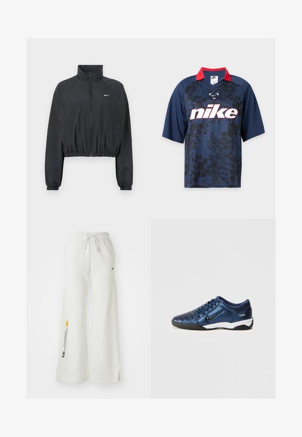 Zwarte cropped jas gemaakt van lichtgewicht, soepel stof. Voorzien van een hoge kraag, een volle ritssluiting en elastische boorden met een witte logodetail.; Navyblauw Nike T-shirt met korte mouwen, zwart bloemenpatroon, rode kraag en groot wit Nike-logo op de borst.; Witte, wijde sweatpants met een elastische tailleband, trekkoord, zijslitsen, zwart Nike-logo en contrasterende gele grafische tekst.; Blauwe synthetische sportschoen met een doorgestikt ontwerp, zwart logo en witte zool. Voorzien van vetersluiting en een laag profiel.