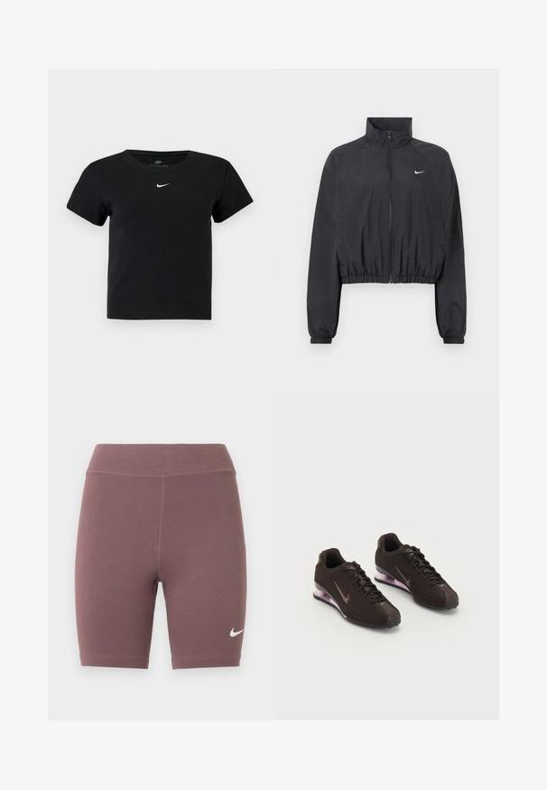 Sort cropped jakke lavet af let, glat stof. Har en høj krave, fuld lynlås og elastiske manchetter med en hvid logodetalje.; Sort ribbet t-shirt med korte ærmer, der har et lille hvidt Nike-logo på brystet og en rund halsudskæring.; Bikershorts i en afdæmpet mauvefarve, lavet af elastisk stof. Har en høj talje og en lille hvid Nike swoosh-logo.; Sorte atletiksko med en tekstureret overdel, brune detaljer og en lilla luftfyldt sål. Snørebåndsdesign med fremtrædende branding.
