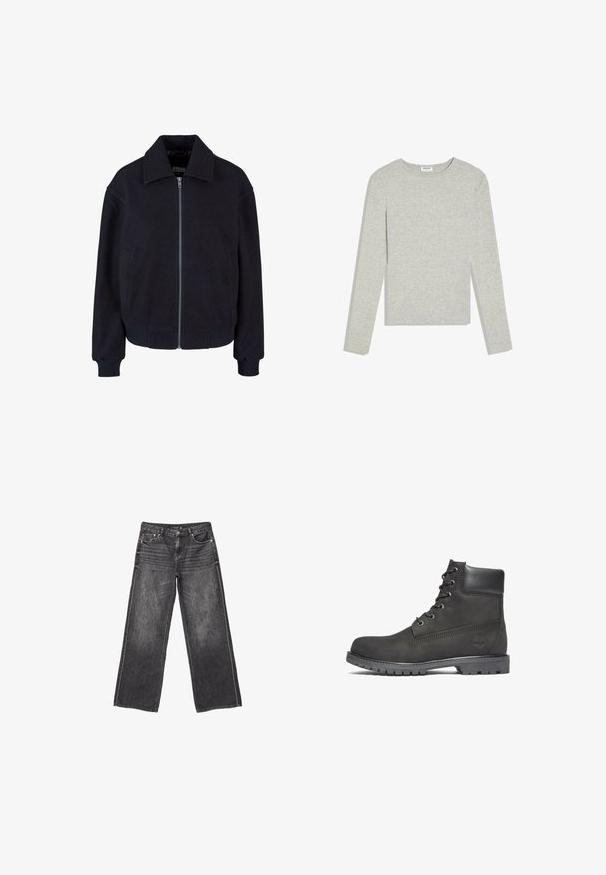 Veste noire à fermeture éclair avec col large, manches longues, poignets côtelés et poches latérales, stylée dans un design urbain classique.; Chemise gris clair à manches longues avec col rond, coupe ajustée et sans motifs ou logos visibles, posée à plat sur un fond blanc.; Jean en denim gris foncé à jambes larges avec poches avant et arrière, fermeture à bouton et dégradé subtil.; Bottine en cuir noir à bout rond, avec un laçage à l'avant, un col rembourré et une semelle en caoutchouc texturé. Présente un logo embossé sur le côté.