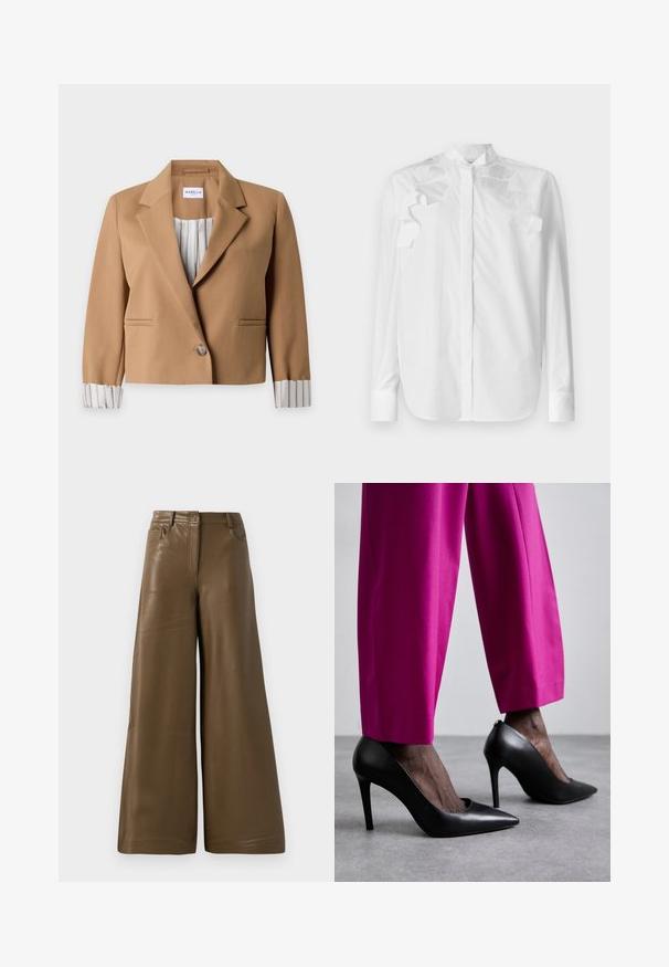 Lichtbruine cropped blazer met een enkele knoop, een ingezette kraag en een gestreepte voering die zichtbaar is op de opgestroopte mouwen en binnenin.; Witte lange mouwen shirt van katoen met een Mandarin kraag. Kenmerkt zich door gelaagde volants op de schouders en een knoopsluiting aan de voorkant.; Brede broek van glad, bruin faux leder. Heeft een hoge taille, vier zakken en een rits aan de voorkant. Voorzien van een vlakke textuur en minimalistisch design.; Zwarte hoge hakken met een puntige neus en een gladde leren textuur. Gecombineerd met felroze, op maat gemaakte broeken.