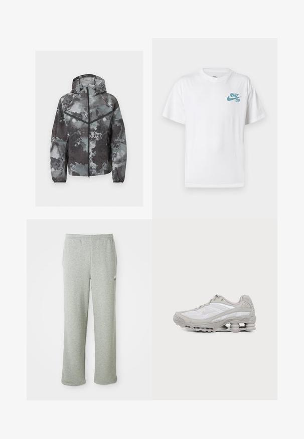Veste à capuche pour homme avec fermeture éclair intégrale à l'avant, motif camouflage en nuances de gris, détail chevron noir et poches latérales zippées.; T-shirt en coton blanc avec un logo Nike SB bleu clair sur la poitrine côté gauche. Manches courtes et col rond classique.; Pantalon de jogging gris en tissu mélangé de coton doux, avec une taille élastique, une coupe droite et un petit logo sur le côté gauche.; Chaussure de sport grise et blanche avec des panneaux en mesh, un design à lacets et une semelle unique en forme de ressort pour amorti et soutien.