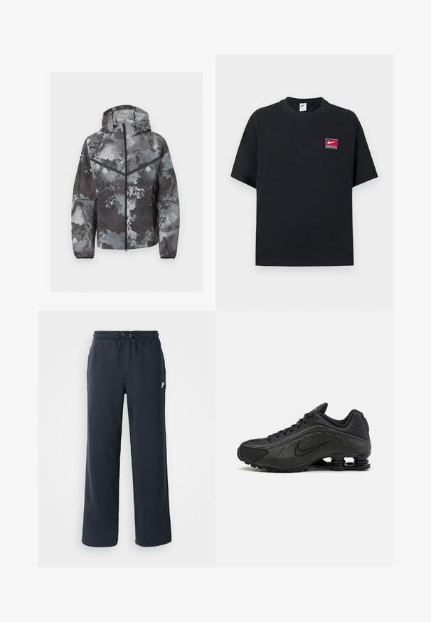 Herren-Kapuzenjacke mit durchgehendem Frontreißverschluss, Camouflage-Muster in Grautönen, schwarzes Chevron-Detail und seitliche Reißverschlusstaschen.; Schwarzes Nike-T-Shirt mit kurzen Ärmeln und Rundhalsausschnitt, mit einem kleinen roten und weißen Nike-Logo auf der linken Brust.; Dunkelblaue Sweatpants mit einem elastischen Bund und Kordelzug. Hergestellt aus weichem Stoff, mit einem kleinen weißen Logo auf der linken Hüfte.; Schwarze Laufschuhe mit einem glatten synthetischen Obermaterial, durchbrochenen Akzenten, strukturierten Seitenpaneelen und einer ausgeprägten federnden Sohle.