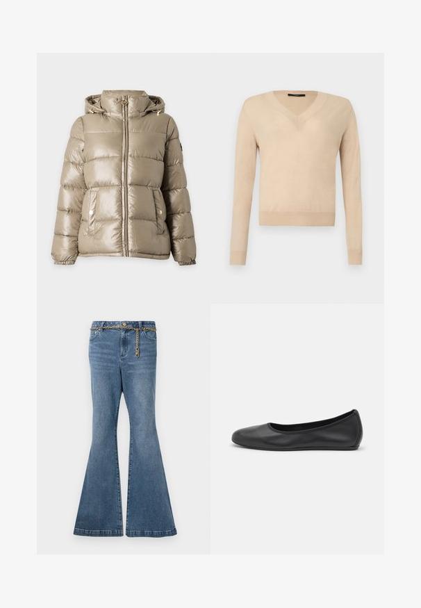 Veste d'hiver matelassée de couleur taupe avec fermeture éclair à l'avant, capuche avec cordons, deux poches latérales à boutons-pression et poignets élastiques.; Pull beige à manches longues avec encolure en V, poignets et ourlet côtelés, tissu tricoté uni, présenté sur un fond blanc.; Jean flare en denim délavé moyen, avec un détail en chaîne dorée à la taille et une conception standard à cinq poches.; Ballerines en cuir noir avec un bout rond, texture lisse, détails de couture minimalistes et design de semelle flexible.