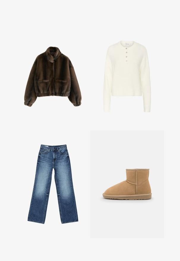 Brun faux fur cropped jakke med høj krave, elastisk talje og to forlommer. Blød, fluffy tekstur og afslappet pasform.; Hvid strikket sweater med rund halsudskæring og tre dekorative knapper. Har ribbede manchetter og kant, som giver en blød tekstur.; Blå vidtsiddende jeans i denim med forlommer og møntlomme foran, knaplukning og falmet vask på lår og knæ.; Brun ruskinds ankelstøvle med rund tå og polstret krave, der har kontrastsyninger og en tekstureret gummisål.