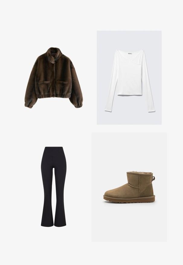 Veste courte en fausse fourrure marron avec un col montant, une ceinture élastique et deux poches avant. Texture douce et moelleuse, coupe décontractée.; Haut blanc à manches longues avec un design croisé et une poche. Fabriqué dans un tissu lisse et extensible. Coupé dans une coupe décontractée et ample.; Pantalons évasés noirs à taille haute en tissu extensible. Comprend une texture lisse et une silhouette ajustée au niveau des hanches.; Bottines en daim marron avec une doublure douce et pelucheuse, bout rond et un accent en boucle à l'arrière. Semelle en caoutchouc plate avec grip texturé.