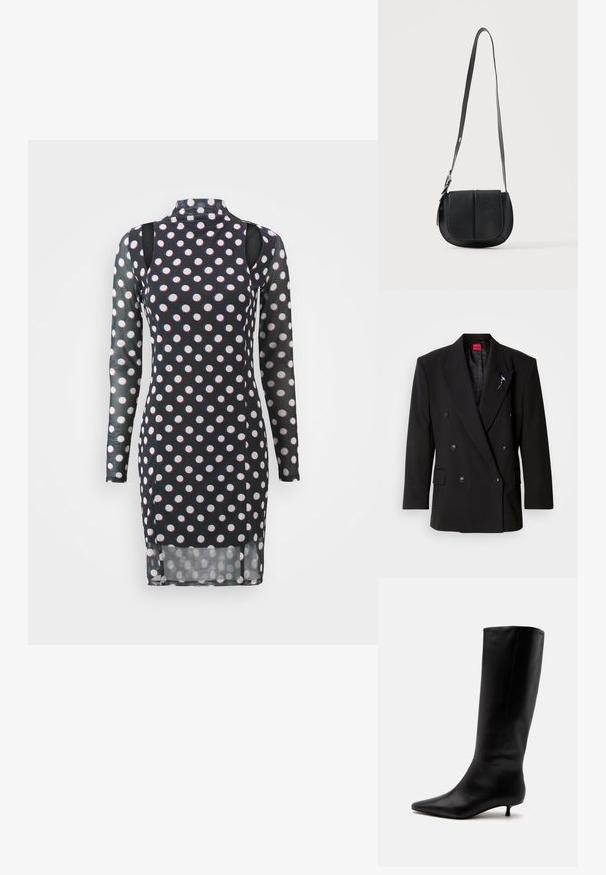 Blazer noir croisé à gros boutons, revers à crans et doublure texturée. Comprend une épingle décorative sur le revers.; Robe noire à manches longues avec des pois blancs et rouges, col haut, épaules dégagées et une texture légèrement transparente.; Botte noire en cuir jusqu'au genou avec bout pointu et petit talon kitten sur un fond clair uni.; Sac bandoulière en cuir noir texturé avec fond arrondi, rabat avant et bandoulière réglable avec boucle métallique.